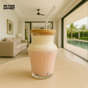 LUXURY GLASS MUG WITH BAMBOO LID & STRAW 450 ML RXG 028