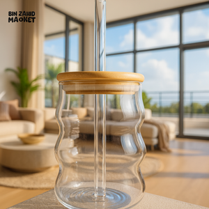 LUXURY GLASS MUG WITH BAMBOO LID & STRAW 530ML RXG 029