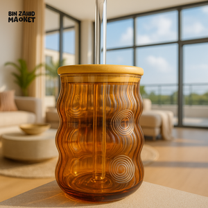LUXURY GLASS MUG WITH BAMBOO LID & STRAW 530ML RXG 030
