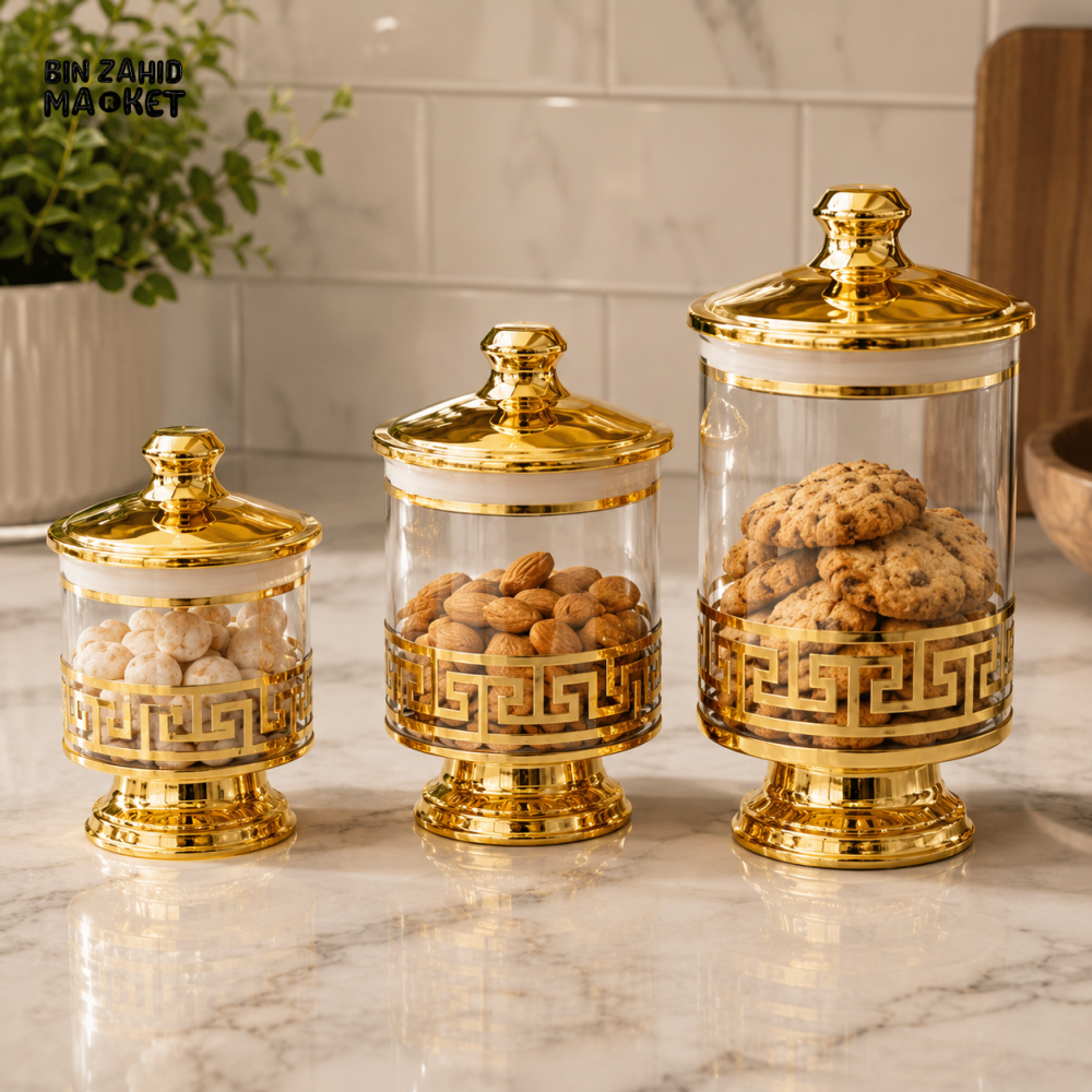 LUXURY GLASS STORAGE JAR SET WITH GOLD STAND - 3 PIECE SET - Storage Jars & Canisters