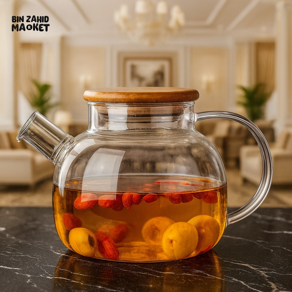LUXURY GLASS TEAPOT WITH WOODEN LID – HEAT RESISTANT CLEAR TEA KETTLE FOR HERBAL & FLOWER TEA - 900ML BG45026