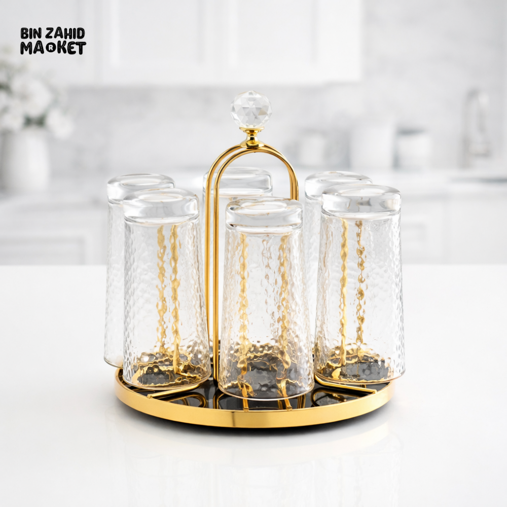 LUXURY GLASS TUMBLER SET WITH STAND MODERN KITCHEN ELEGANCE - GOLDEN