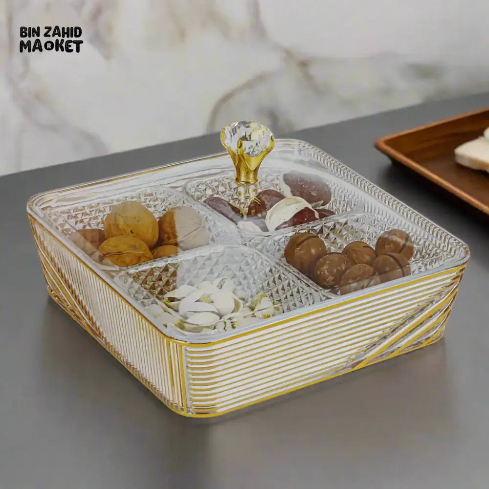 LUXURY GOLD-ACCENTED ACRYLIC TRAY 4-COMPARTMENT SQUARE DESIGN WITH LARGE CLEAR LID