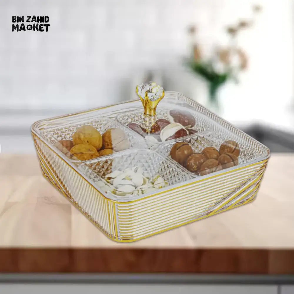LUXURY GOLD-ACCENTED ACRYLIC TRAY 4-COMPARTMENT SQUARE DESIGN WITH LARGE CLEAR LID