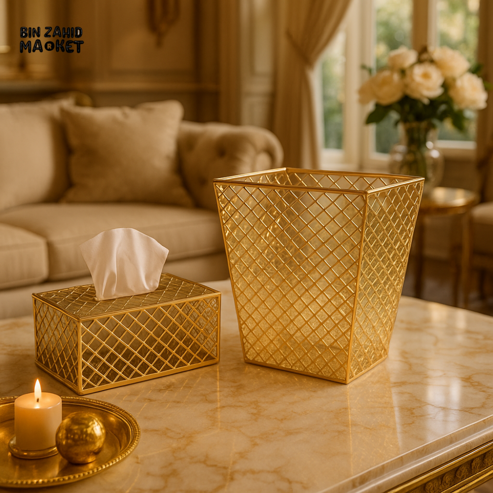 LUXURY GOLD ACRYLIC MESH TISSUE BOX & BIN SET – ELEGANT HOME DECOR