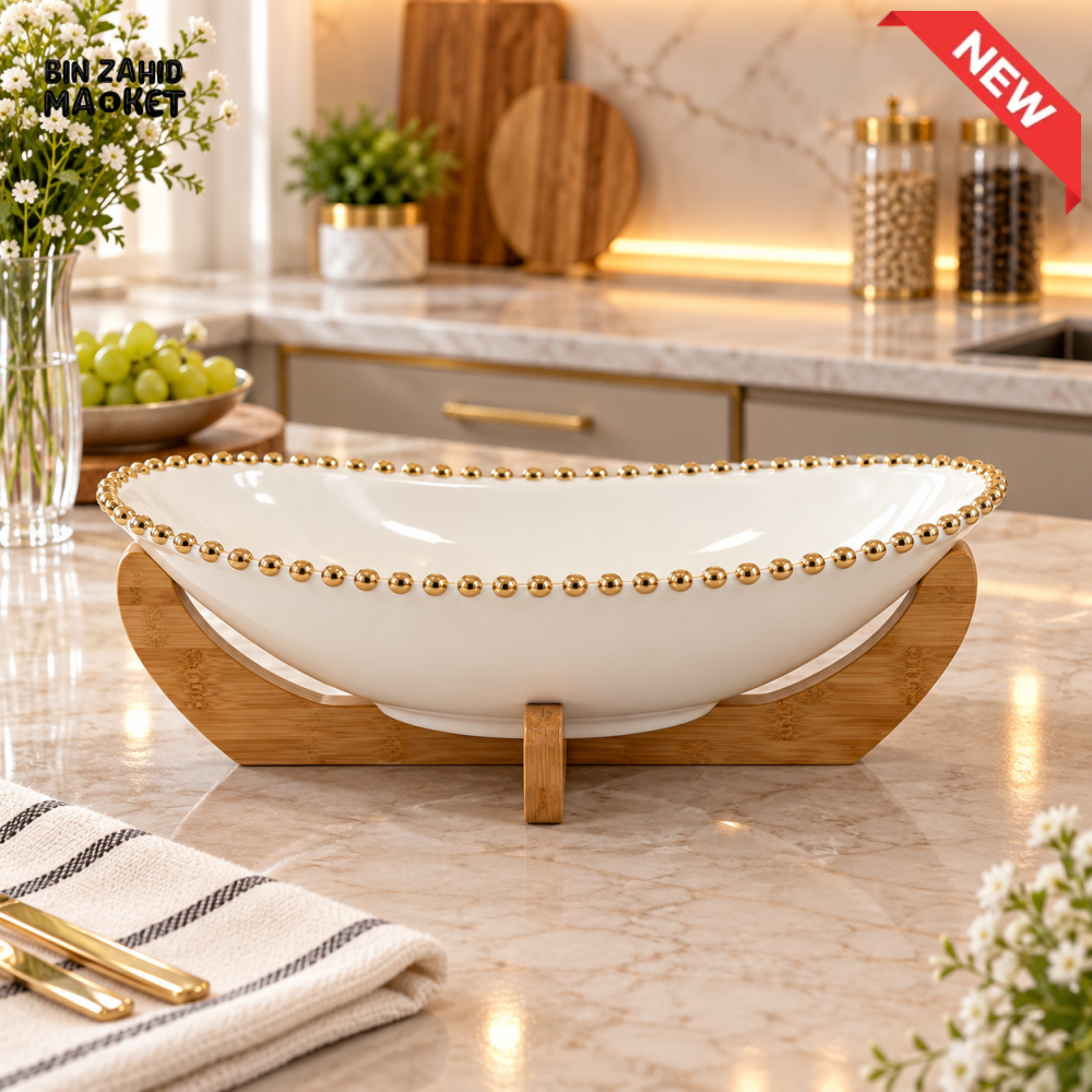 LUXURY GOLD BEADED CERAMIC SERVING BOWL WITH BAMBOO STAND