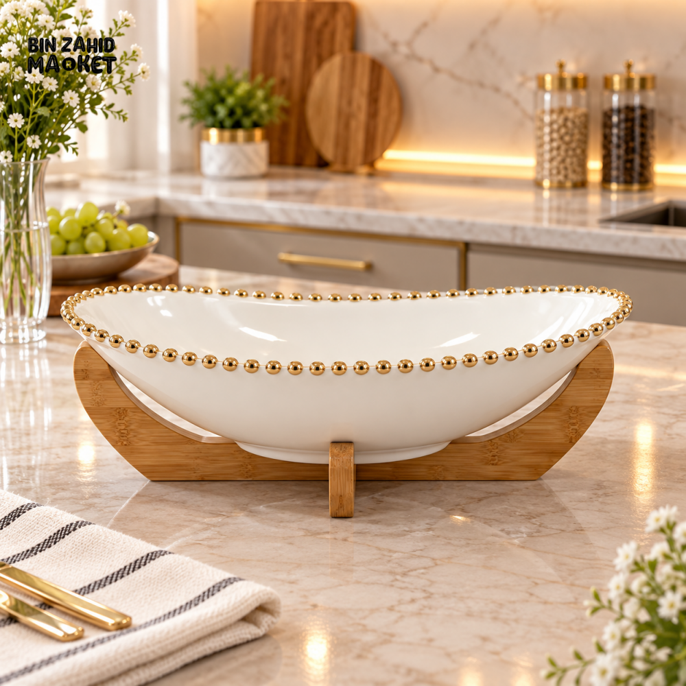 LUXURY GOLD BEADED CERAMIC SERVING BOWL WITH BAMBOO STAND
