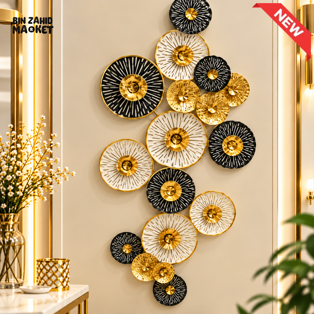 LUXURY GOLD BLACK AND WHITE METAL DISC WALL ART - Wall Décor
