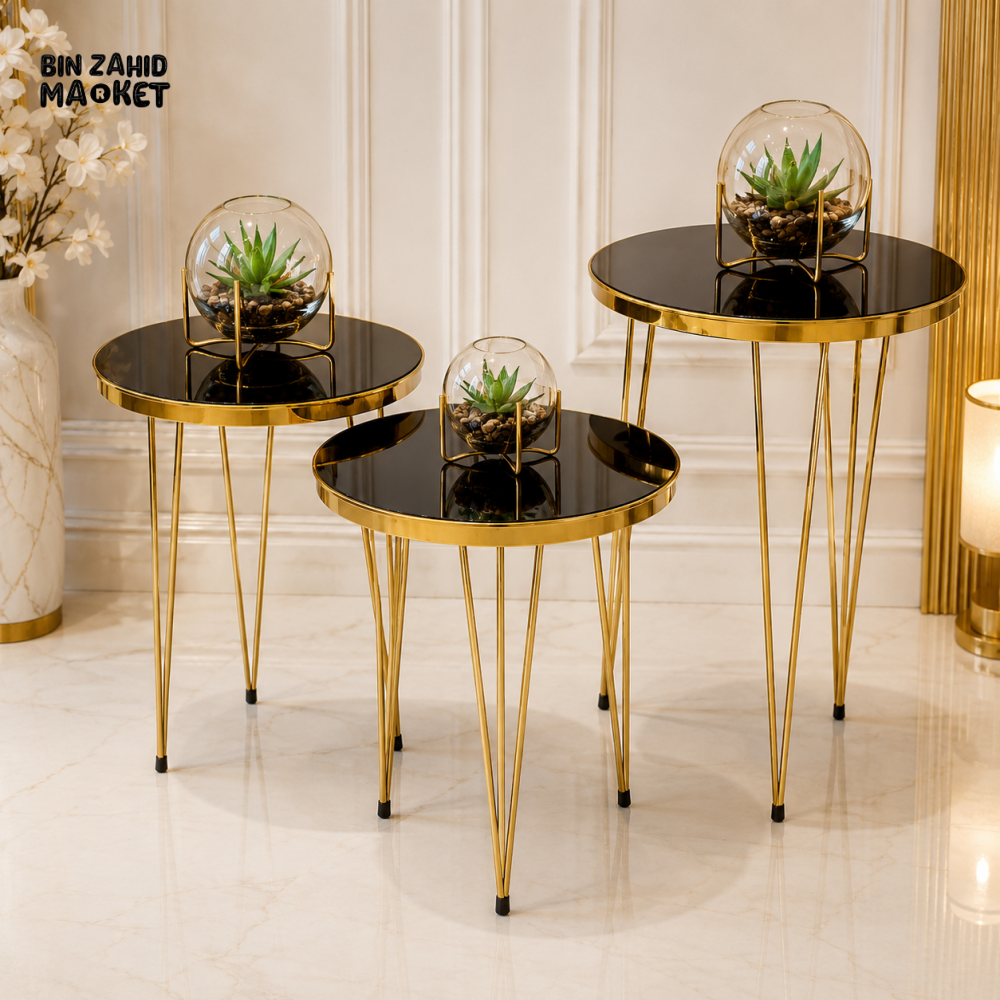 LUXURY GOLD & BLACK ROUND NESTING TABLE SET