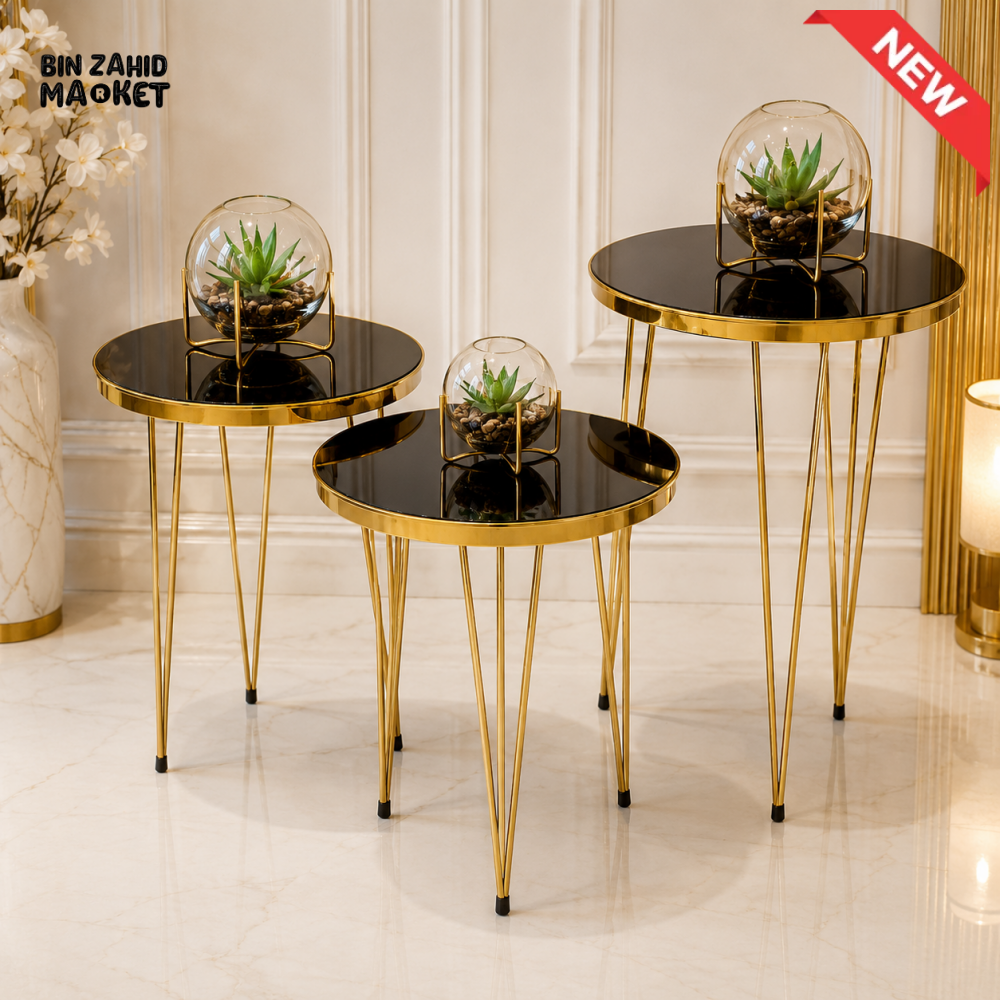 LUXURY GOLD & BLACK ROUND NESTING TABLE SET