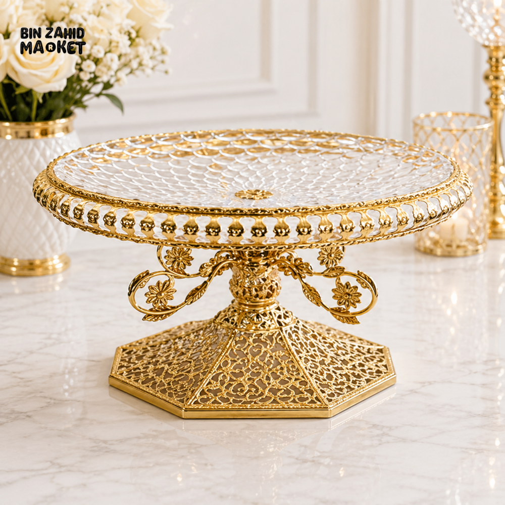 LUXURY GOLD CAKE STAND WITH GLASS TOP