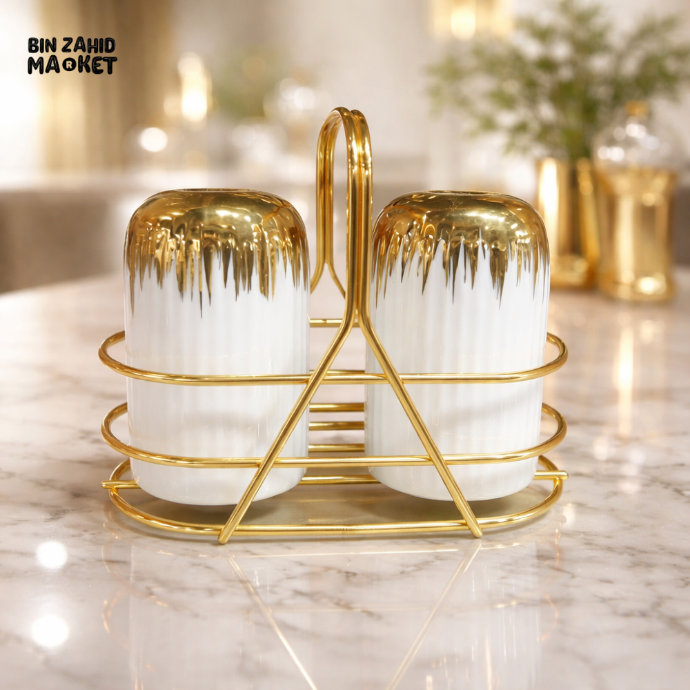 LUXURY GOLD CERAMIC SALT & PEPPER SHAKER SET WITH STAND