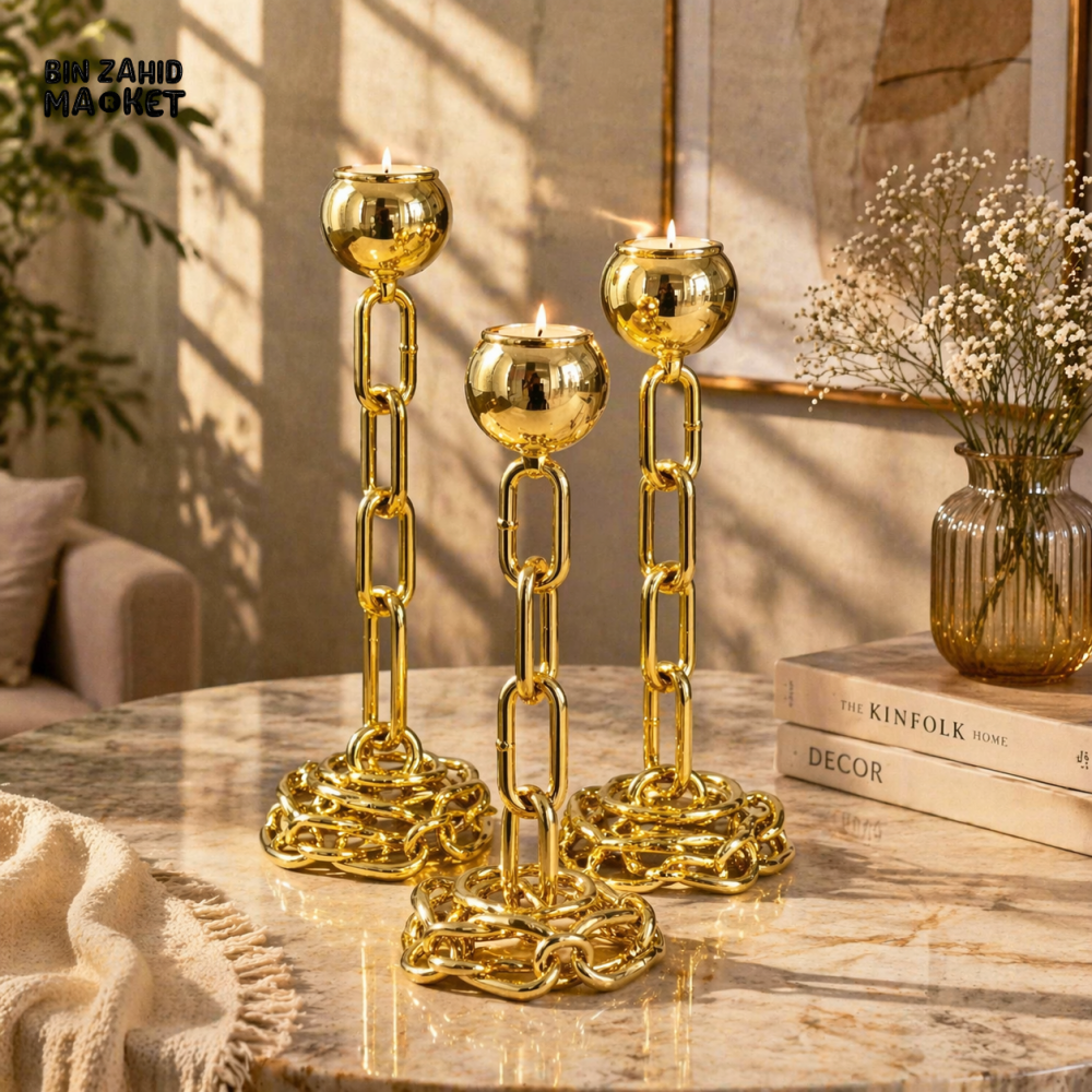 LUXURY GOLD CHAIN CANDLE HOLDER SET OF 3
