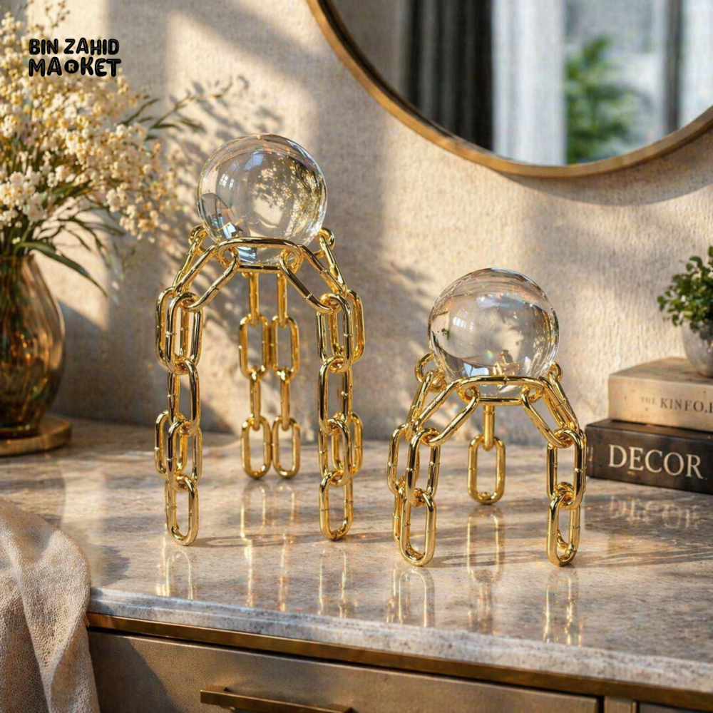LUXURY GOLD CHAIN DECOR SHOWPIECE WITH GLASS CRYSTAL BALL – MODERN TABLETOP HOME DECOR - SMALL