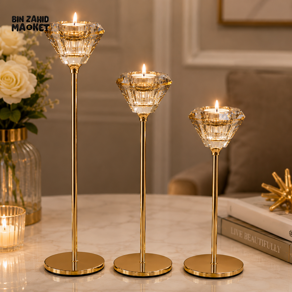 LUXURY GOLD CRYSTAL CANDLE HOLDER SET - 3 PCS