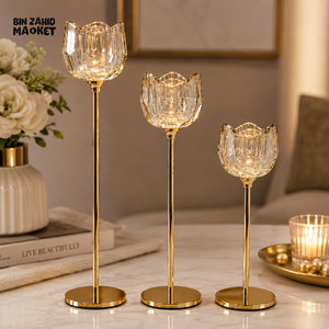 LUXURY GOLD CRYSTAL CANDLE HOLDER SET - 3 PIECES