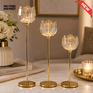 LUXURY GOLD CRYSTAL CANDLE HOLDER SET - 3 PIECES