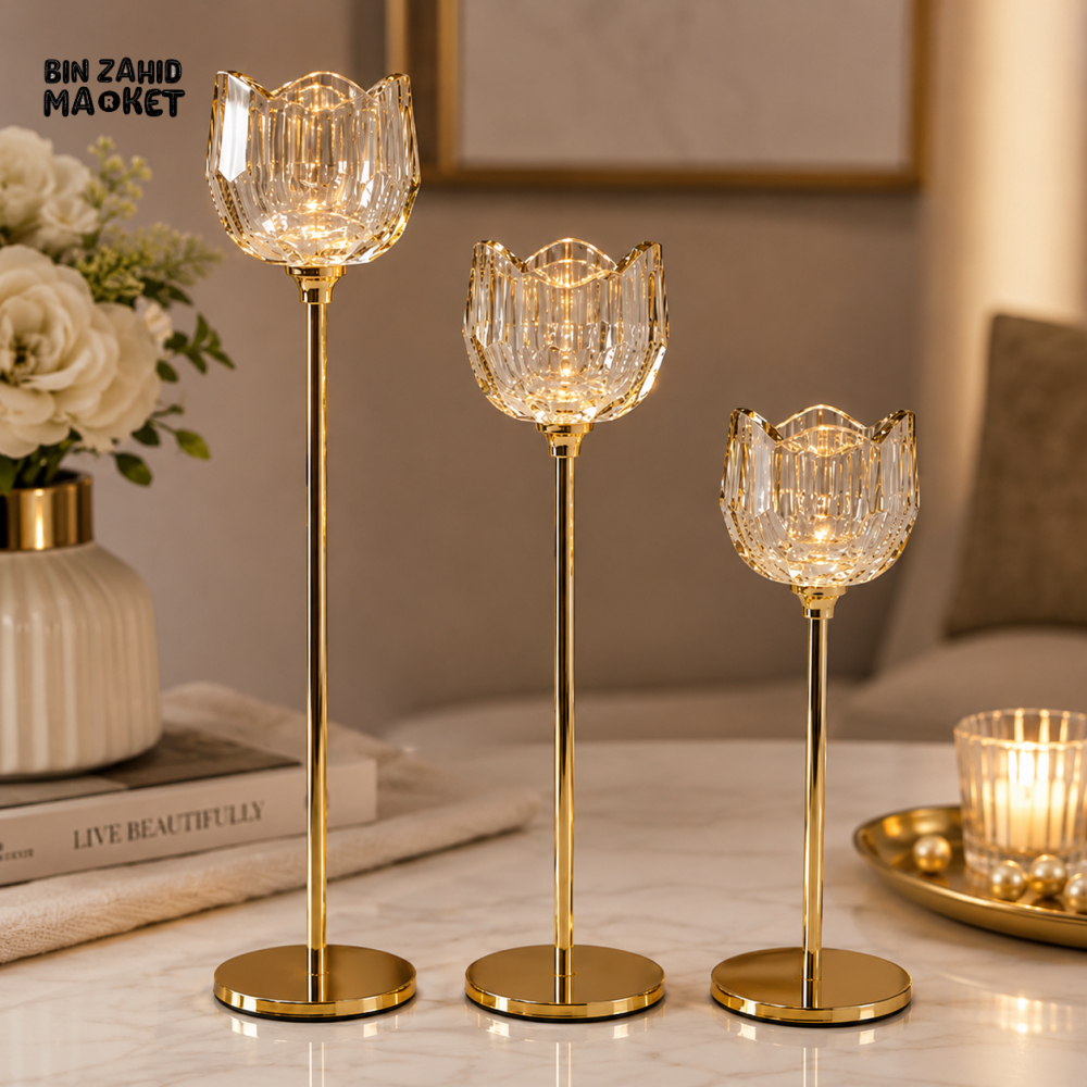 LUXURY GOLD CRYSTAL CANDLE HOLDER SET - 3 PIECES