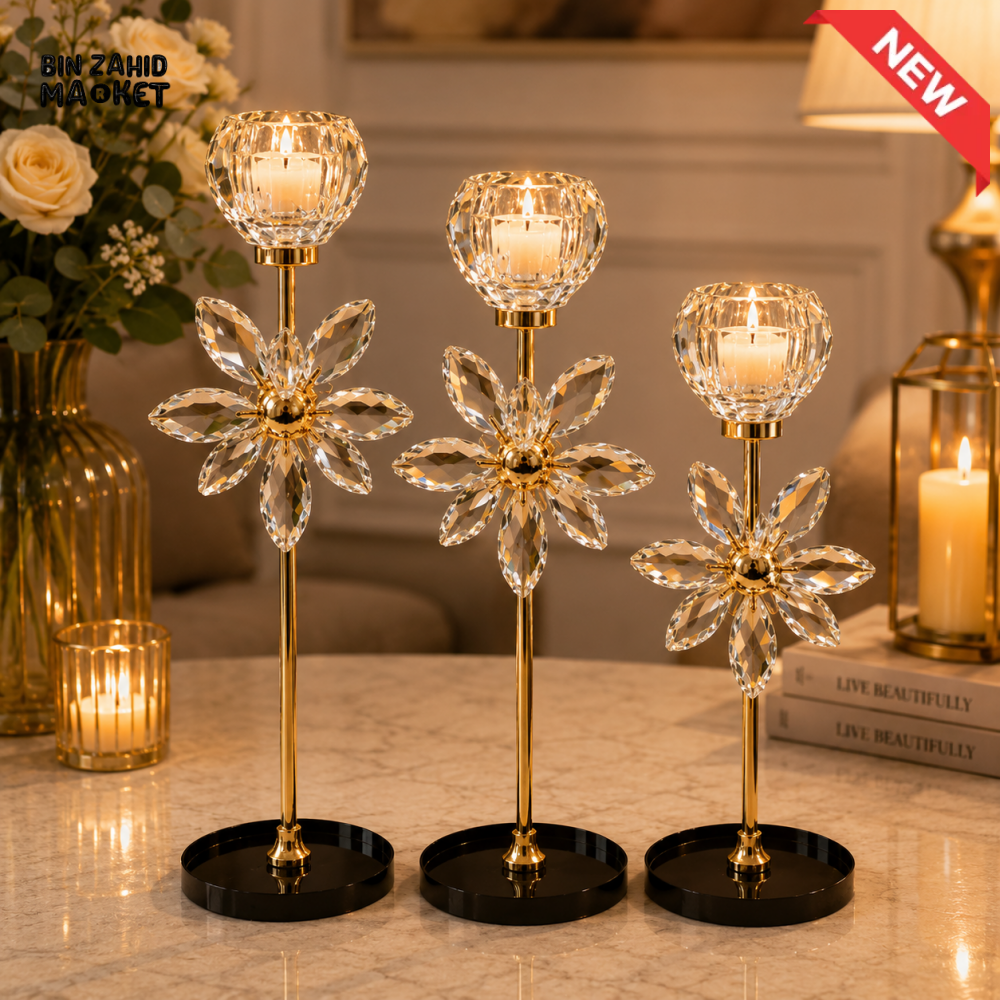 LUXURY GOLD CRYSTAL FLOWER CANDLE HOLDER SET - 3 PCS
