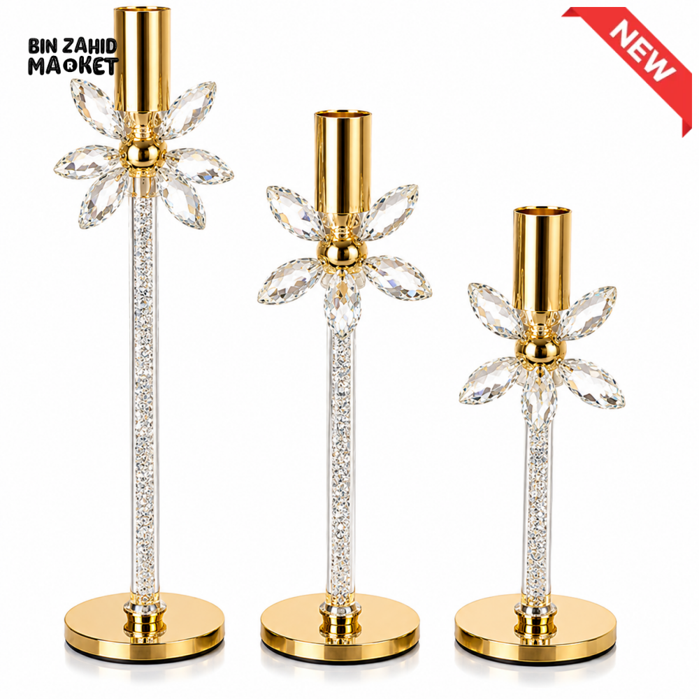 LUXURY GOLD CRYSTAL FLOWER CANDLE HOLDER SET - 3 PCS