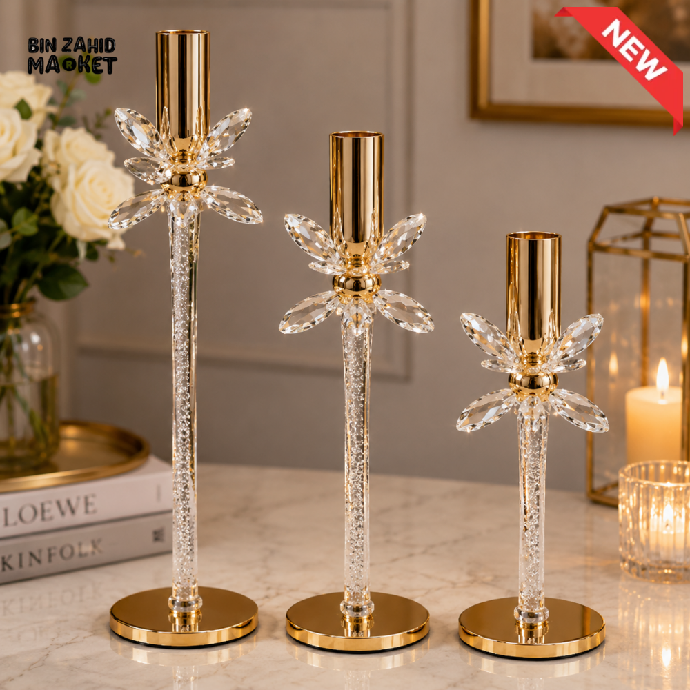LUXURY GOLD CRYSTAL FLOWER CANDLE HOLDER SET - 3 PCS