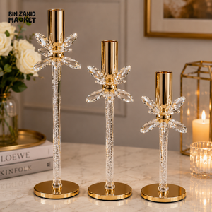 LUXURY GOLD CRYSTAL FLOWER CANDLE HOLDER SET - 3 PCS