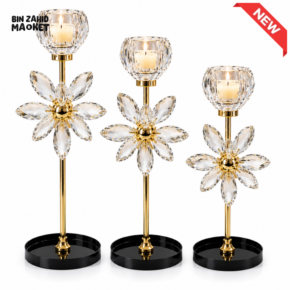 LUXURY GOLD CRYSTAL FLOWER CANDLE HOLDER SET - 3 PCS