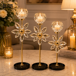 LUXURY GOLD CRYSTAL FLOWER CANDLE HOLDER SET - 3 PCS
