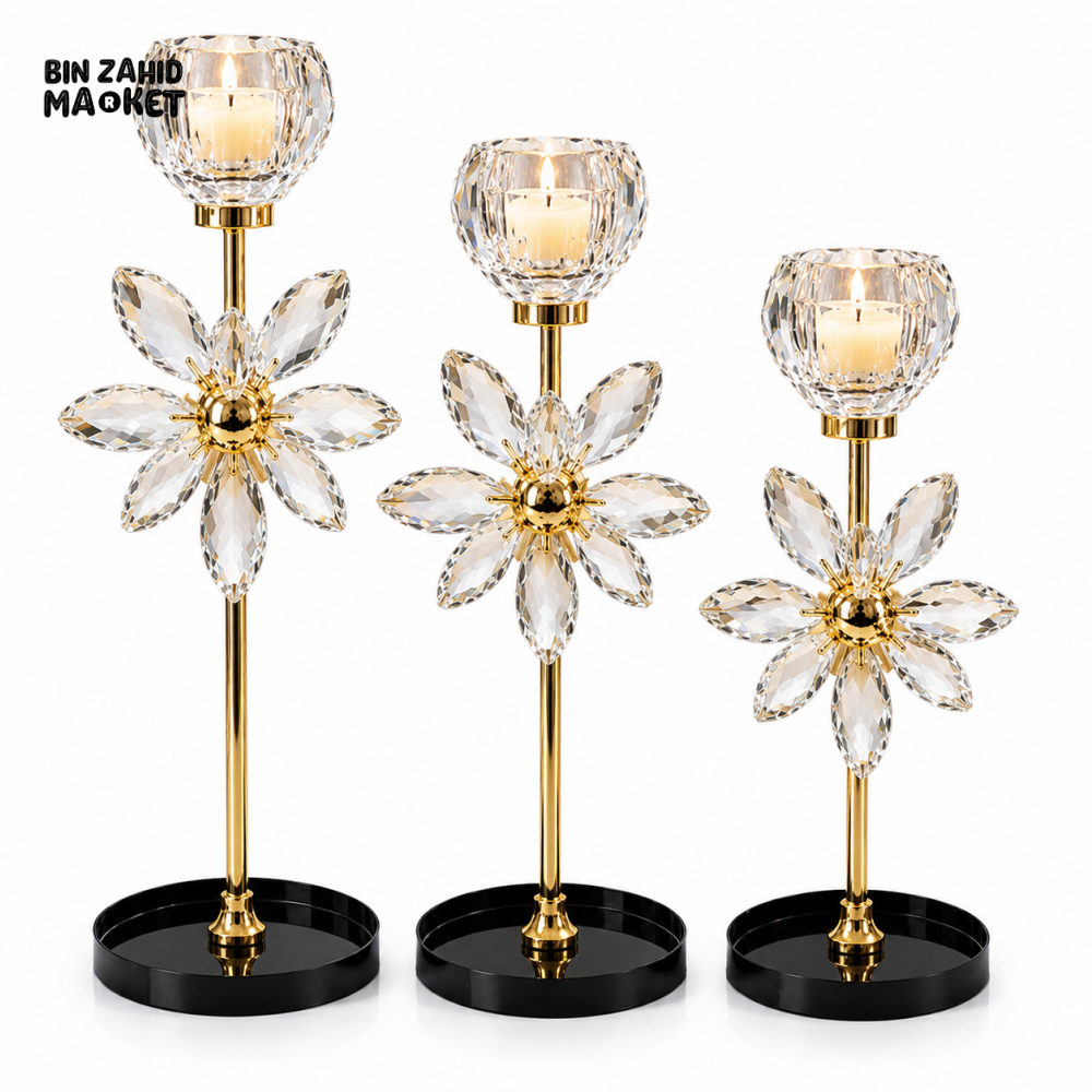 LUXURY GOLD CRYSTAL FLOWER CANDLE HOLDER SET - 3 PCS