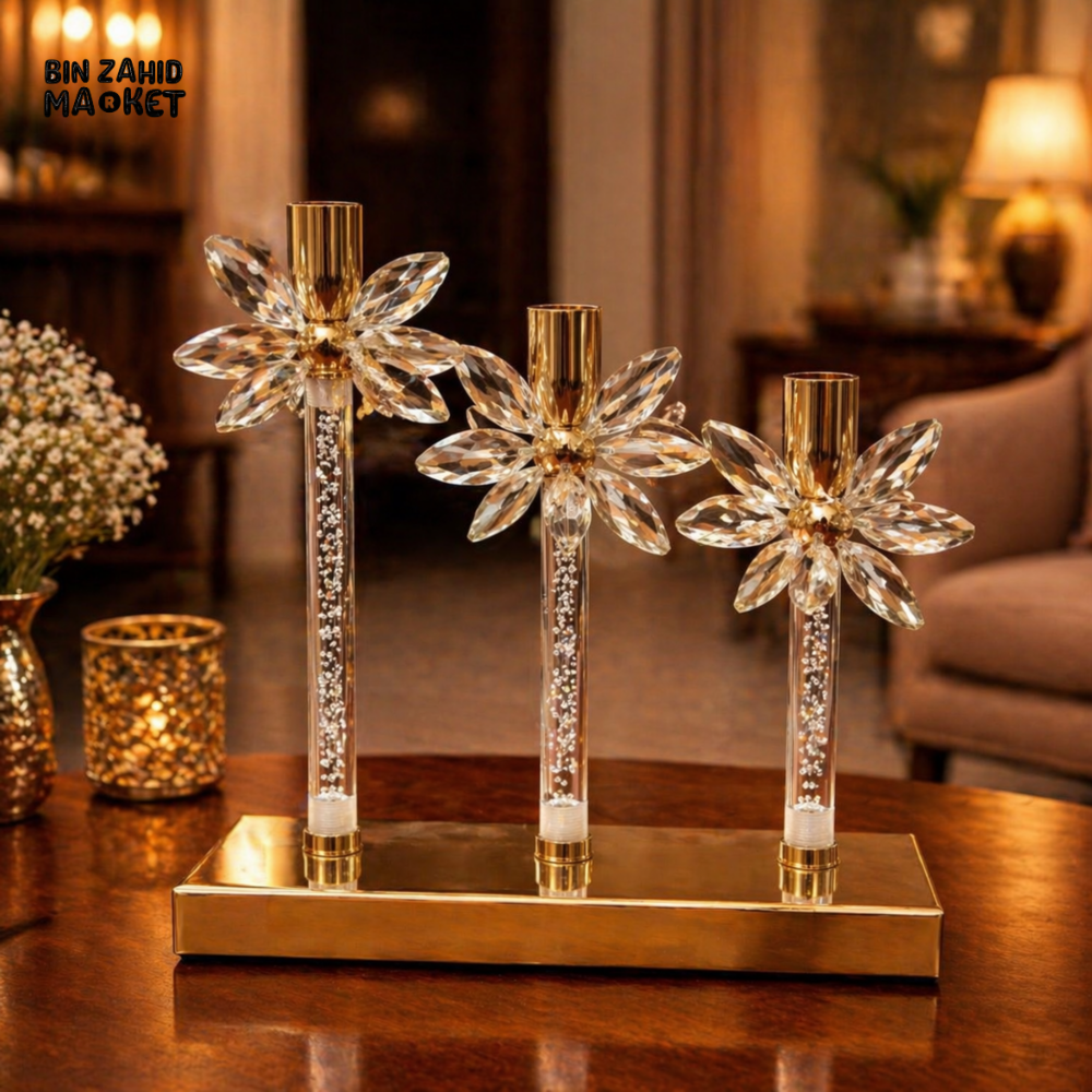 LUXURY GOLD CRYSTAL FLOWER CANDLE HOLDER SET