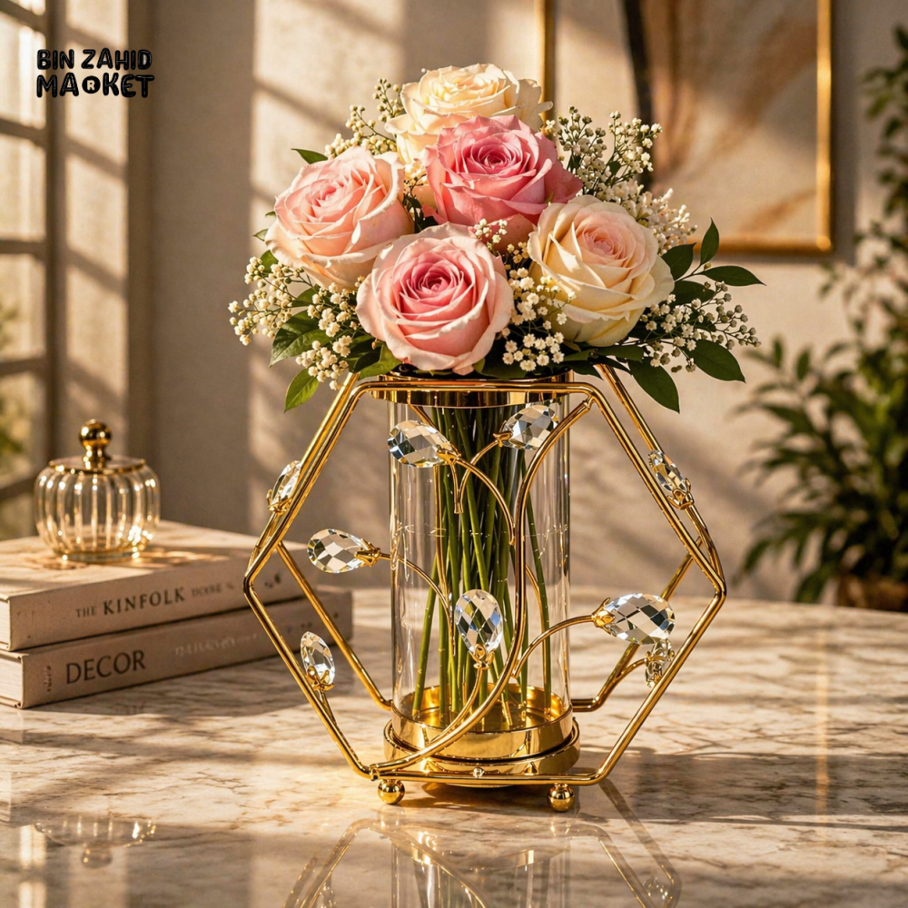 LUXURY GOLD CRYSTAL FLOWER VASE WITH METAL FRAME