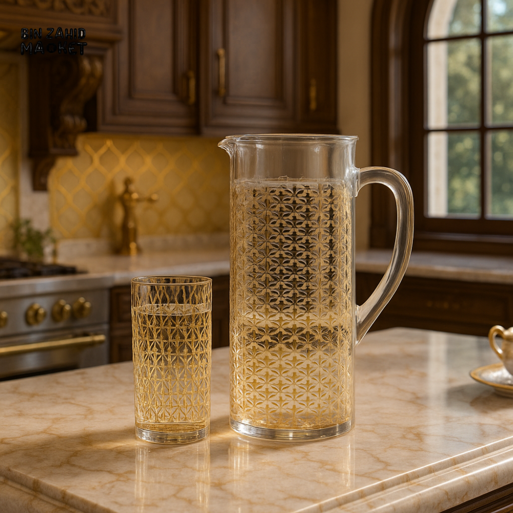 LUXURY GOLD CRYSTAL GLASS JUG & TUMBLER SET – ELEGANT DESIGN FOR KITCHEN & DINING DECOR