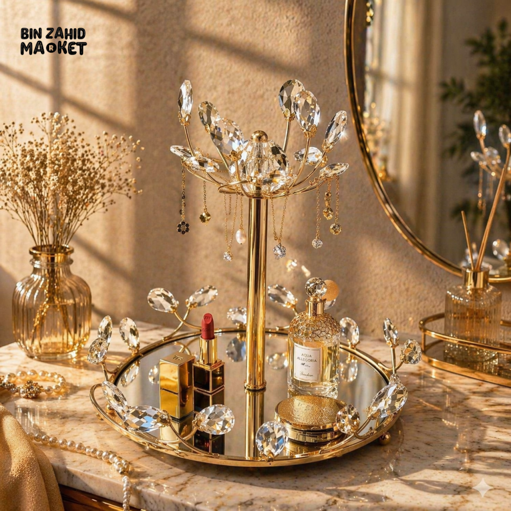 LUXURY GOLD CRYSTAL JEWELRY STAND WITH MIRROR TRAY