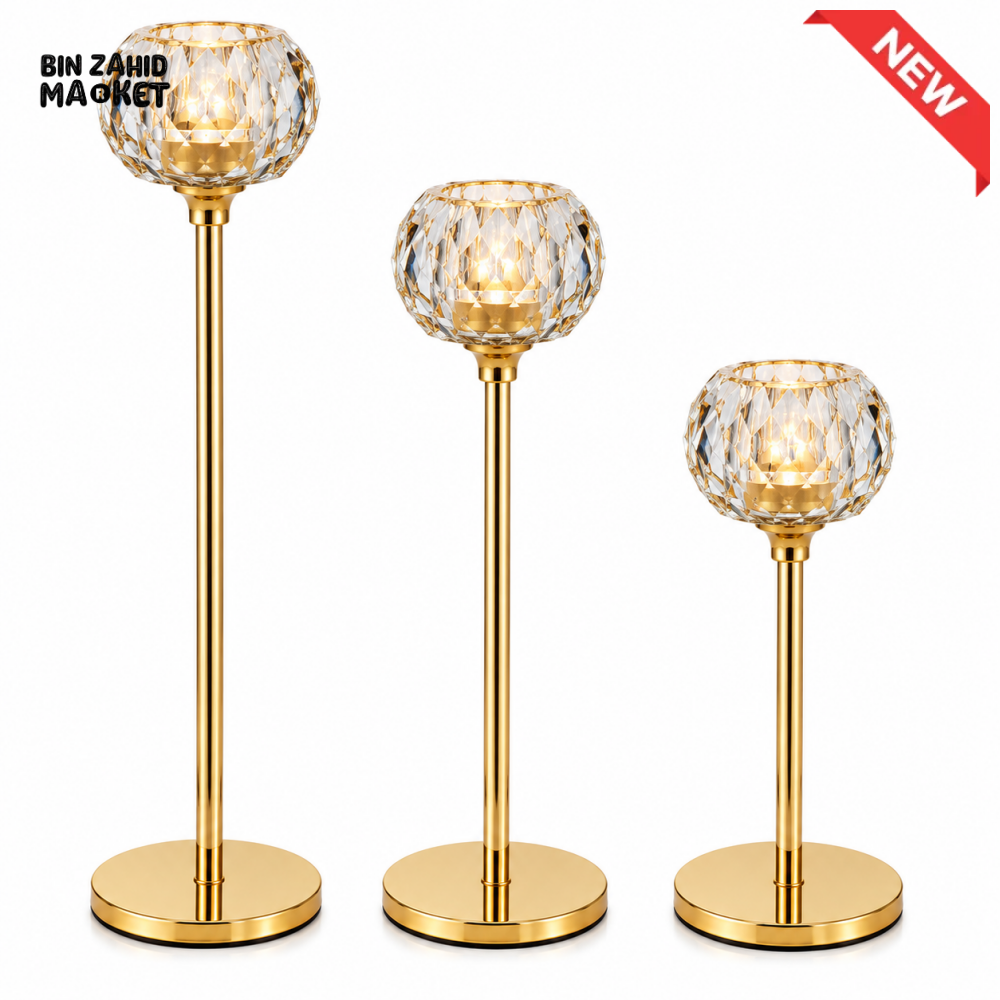 LUXURY GOLD CRYSTAL TEALIGHT CANDLE HOLDER SET - 3 PCS