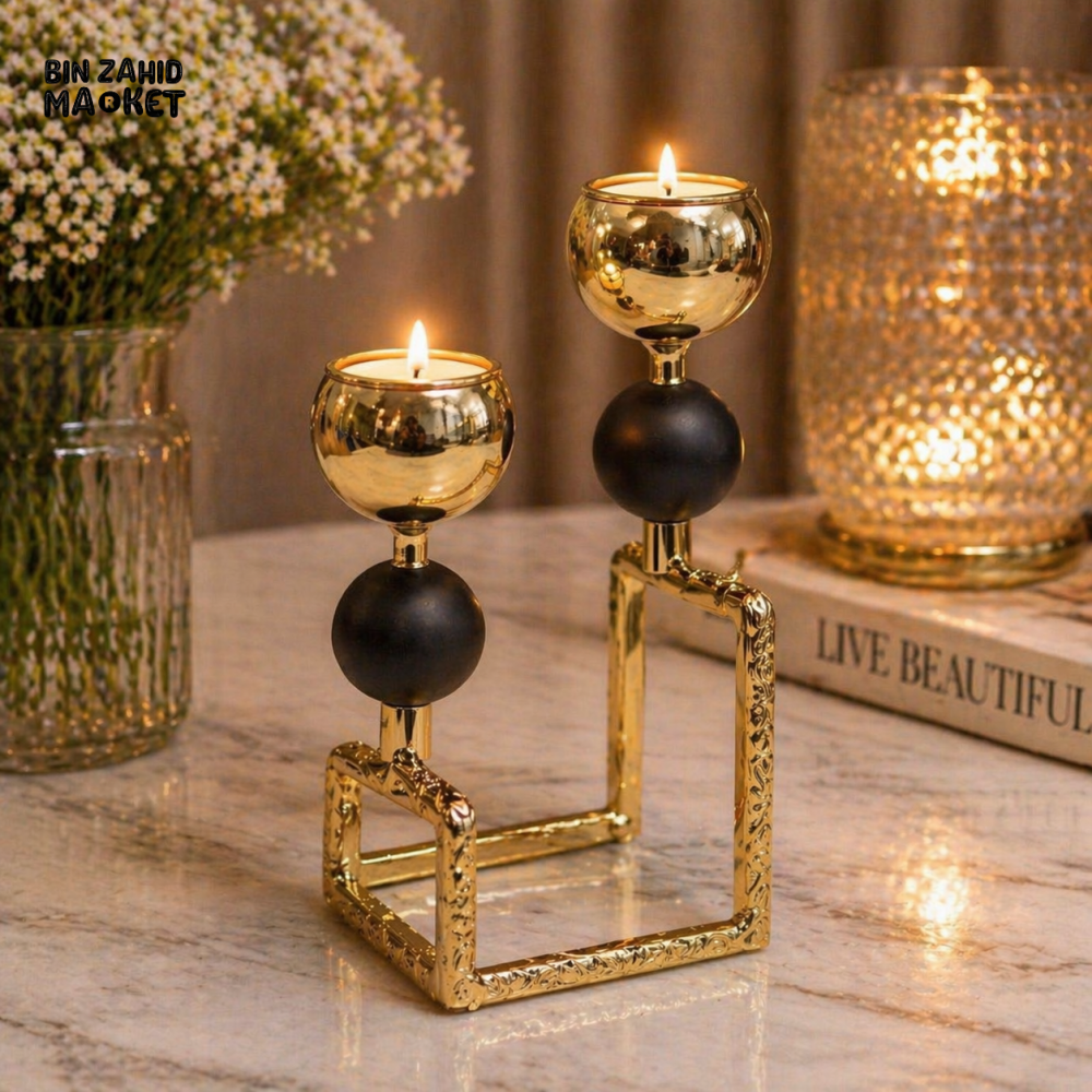 LUXURY GOLD DOUBLE CANDLE HOLDER WITH MODERN FRAME DESIGN