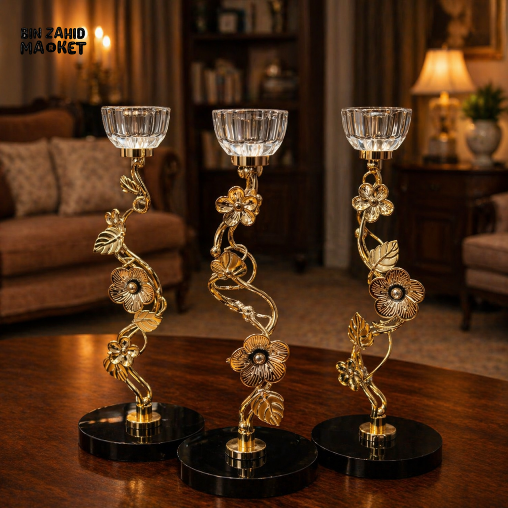 LUXURY GOLD FLORAL CANDLE HOLDER SET WITH CRYSTAL HOLDERS