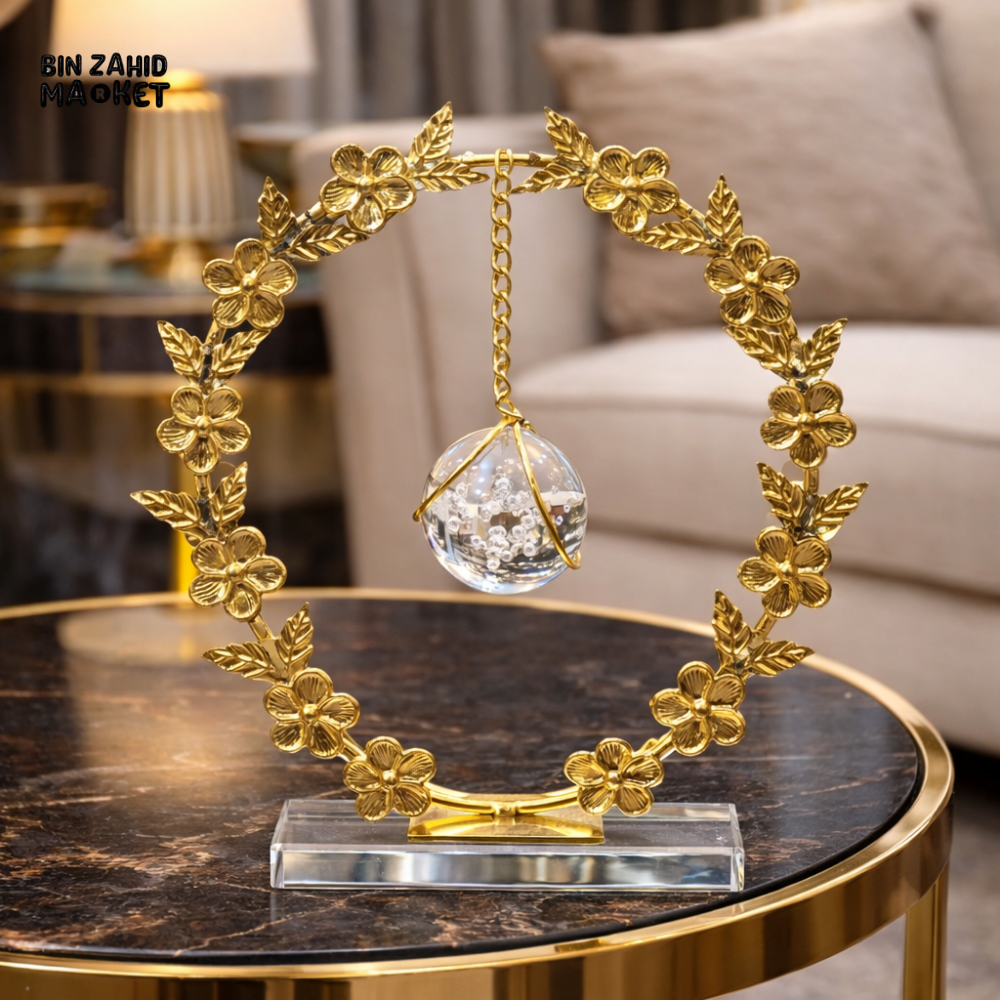LUXURY GOLD FLORAL CIRCLE GLASS BALL TABLE DECOR FOR SIDE TABLE | ELEGANT HOME ORNAMENT