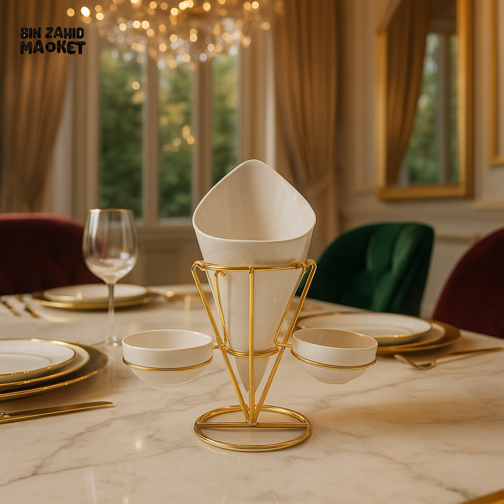 LUXURY GOLD FRIES CONE HOLDER WITH DIP BOWLS – FRENCH FRIES SERVING STAND FOR VILLA TABLETOP