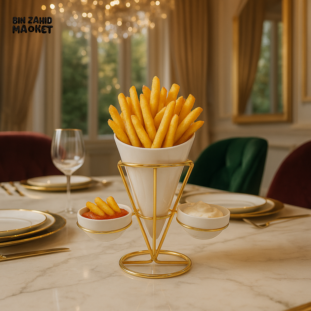 LUXURY GOLD FRIES CONE HOLDER WITH DIP BOWLS – FRENCH FRIES SERVING STAND FOR VILLA TABLETOP