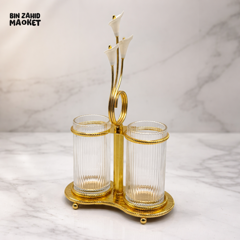 LUXURY GOLD GLASS HOLDER SET WITH LILY DESIGN