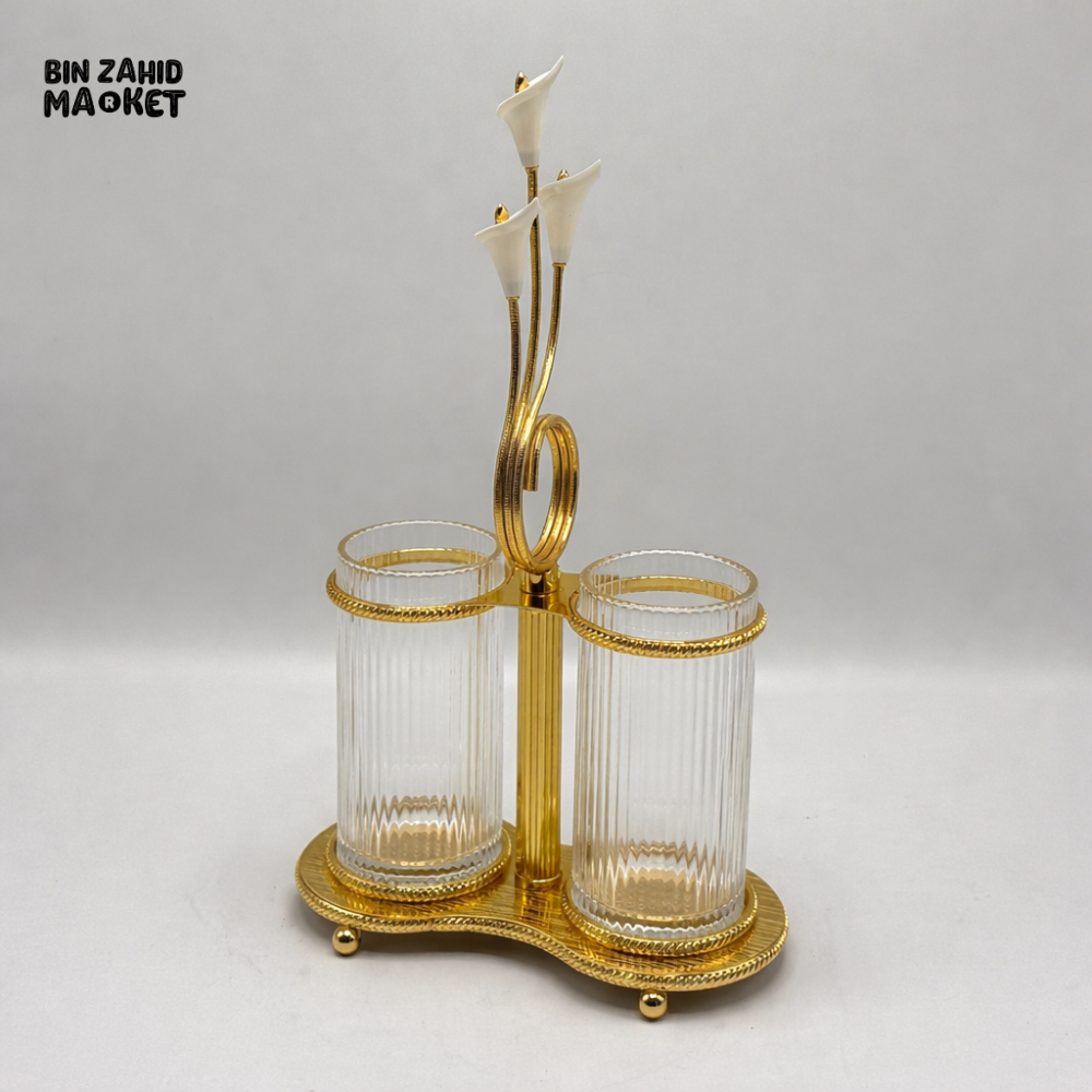 LUXURY GOLD GLASS HOLDER SET WITH LILY DESIGN