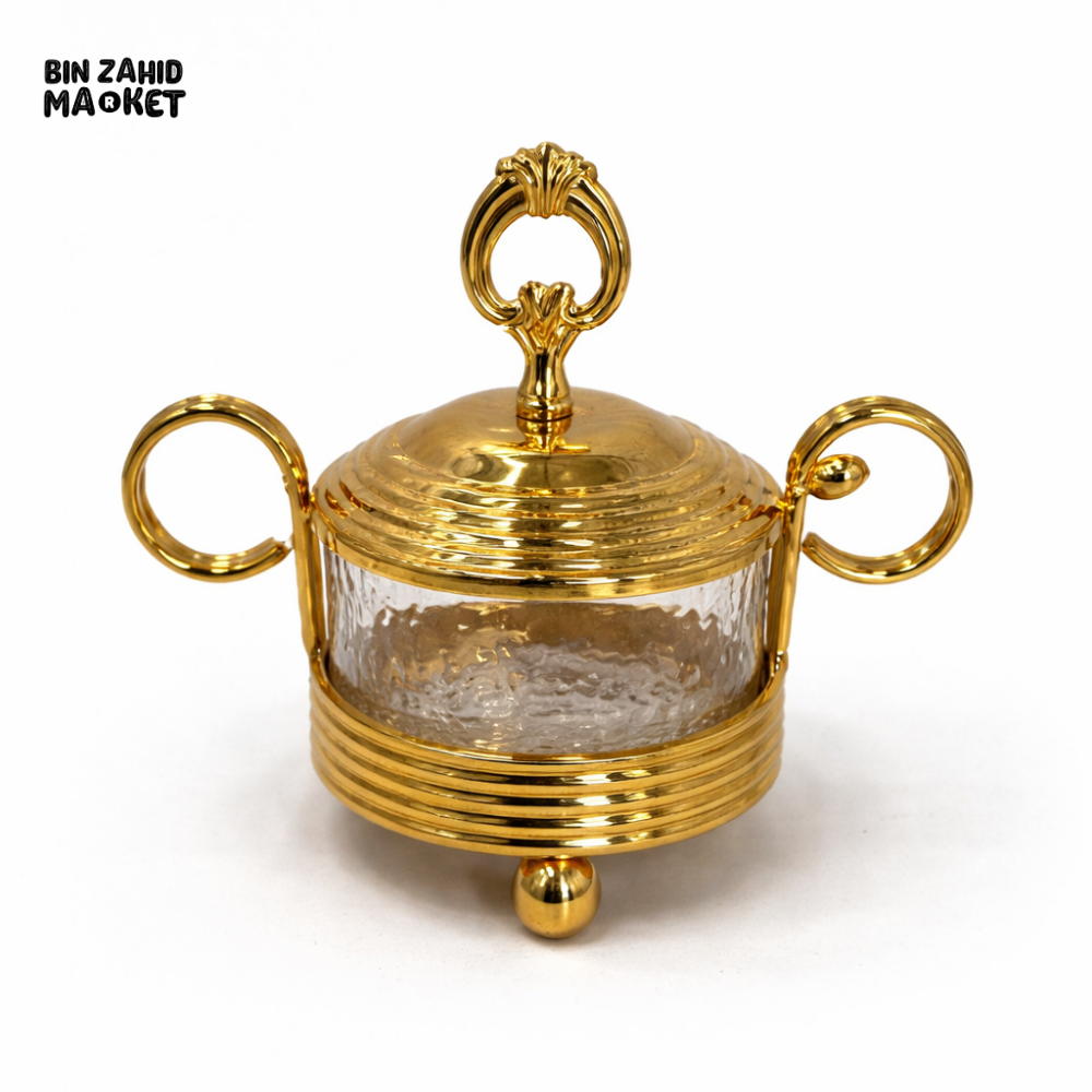 LUXURY GOLD GLASS SUGAR BOWL WITH LID & HANDLES