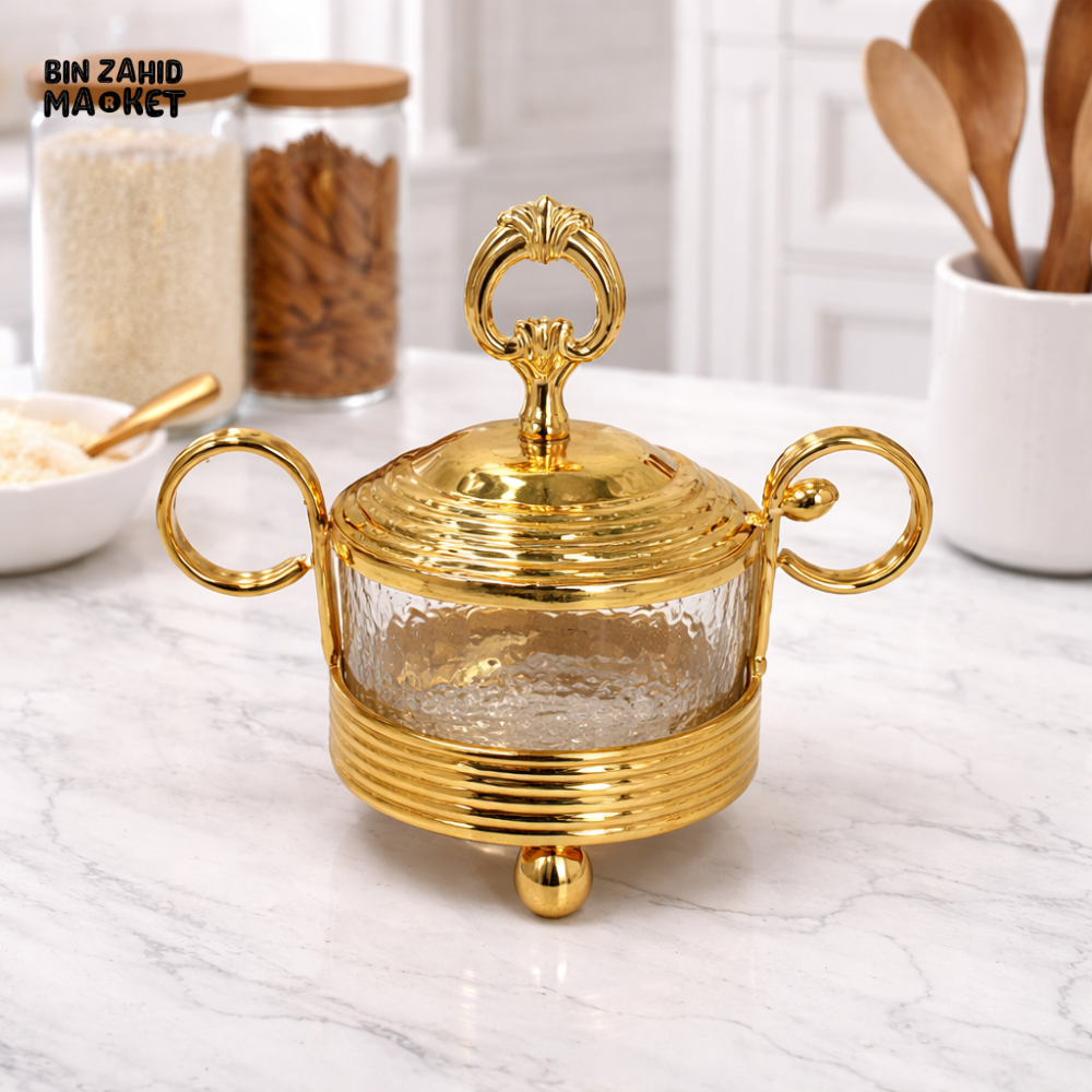 LUXURY GOLD GLASS SUGAR BOWL WITH LID & HANDLES