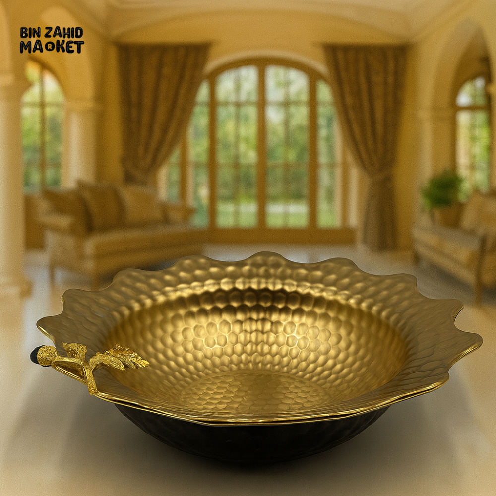 LUXURY GOLD HAMMERED SERVING BOWL WITH OAK LEAF HANDLE – ELEGANT VILLA DECOR ACCENT - 13 M13-B