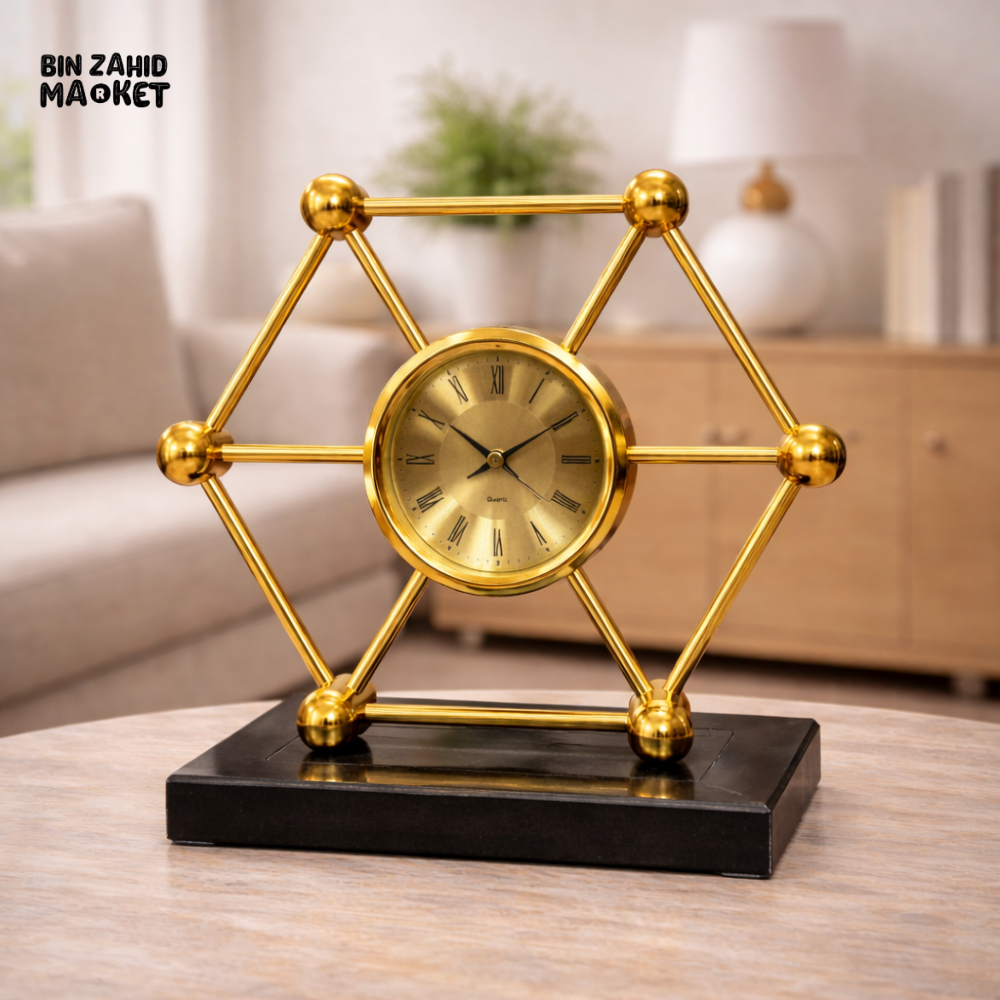 LUXURY GOLD HEXAGON TABLE CLOCK – MODERN GEOMETRIC HOME DECOR DESKTOP TIMEPIECE