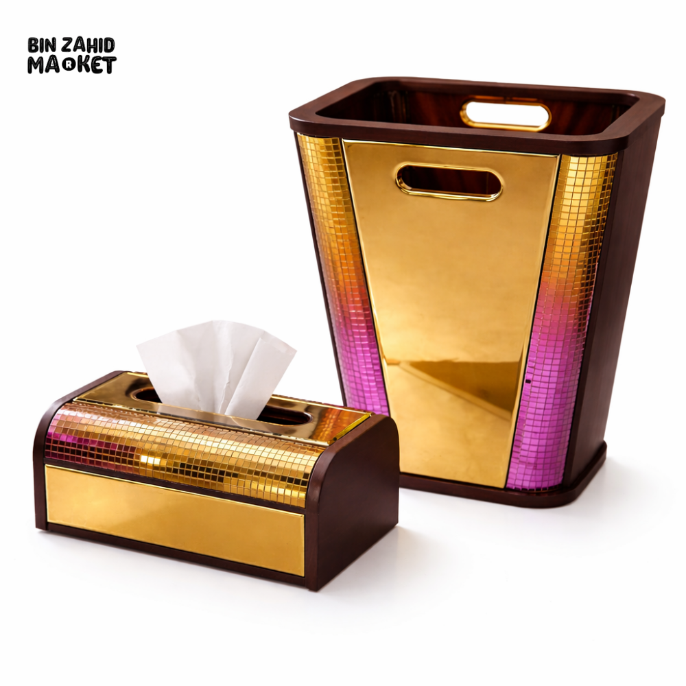 LUXURY GOLD & IRIDESCENT WOODEN TISSUE BOX & DUSTBIN SET