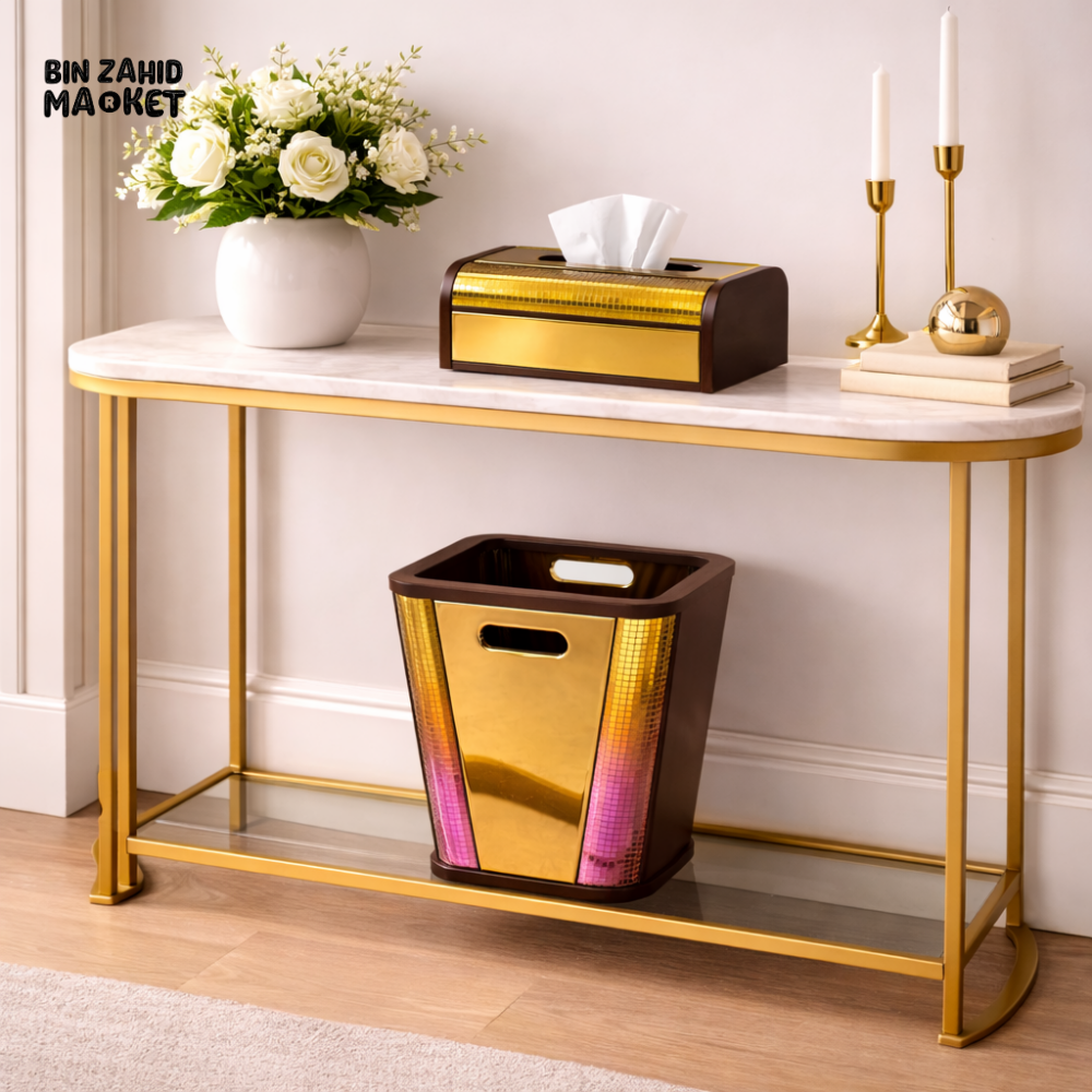 LUXURY GOLD & IRIDESCENT WOODEN TISSUE BOX & DUSTBIN SET