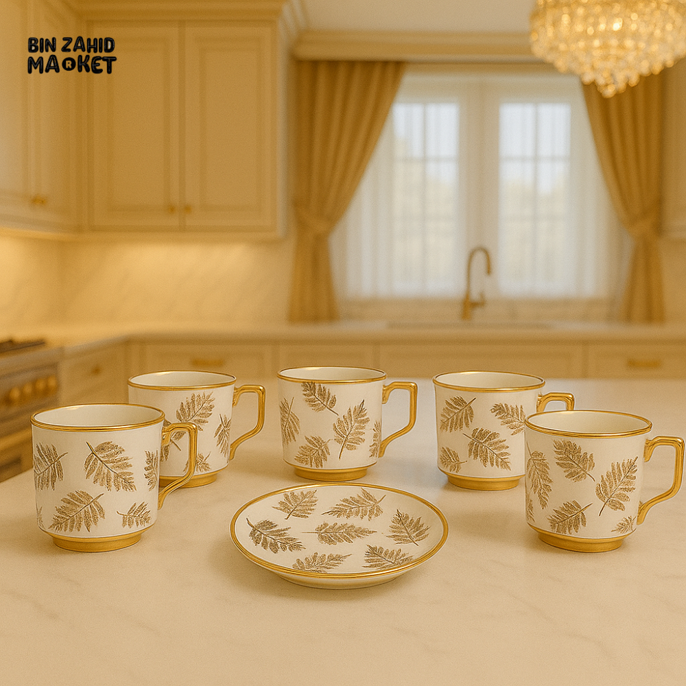 LUXURY GOLD LEAF TEA CUP SET – 6 PIECE WITH SAUCER | ELEGANT PORCELAIN COFFEE MUGS FOR VILLA KITCHEN DISPLAY