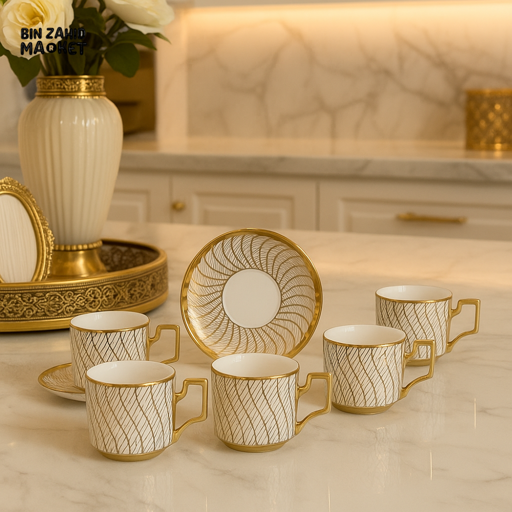 LUXURY GOLD-LINED TEA CUP & SAUCER SET – 6 PCS PREMIUM PORCELAIN COFFEE SET FOR KITCHEN DISPLAY