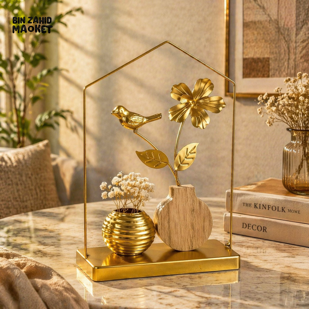 LUXURY GOLD METAL BIRD & FLOWER TABLE DECOR WITH WOOD ACCENT